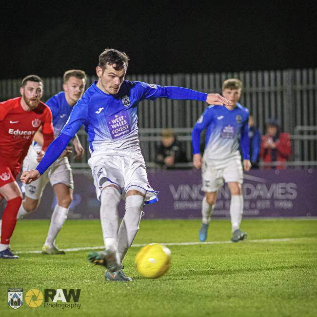 Jordan Davies scores from the spot for Haverfordwest County